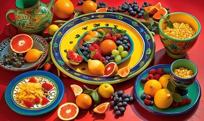  a table topped with plates of fruit and bowls of cereal and oranges and a pitcher of water and a cup of tea and a vase.  generative ai