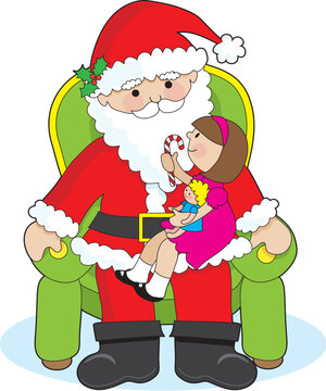 A little girl with a candy cane on Santa Claus knee