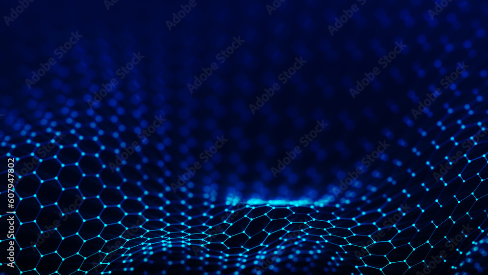 Poster futuristic hexagon background. futuristic honeycomb concept. wave of particles. 3d rendering. data t