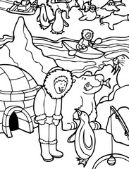 Child lives near an igloo and fishes in the arctic cold with polar bear, sea lion, penguins, and sled dogs - black and white.