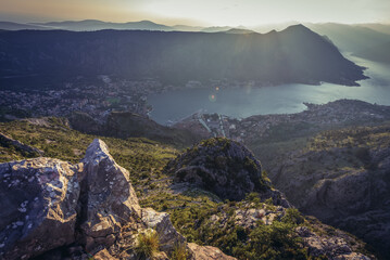 Aerial view from mountains above Kotor town on the Adriatic shore in Montenegro