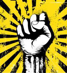 Vector illustration of clenched fist held high in protest on the yellow grunge urban background - obrazy, fototapety, plakaty