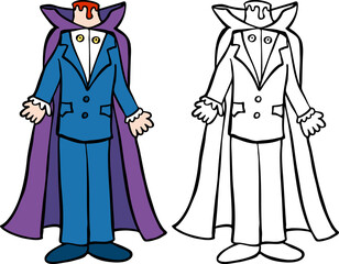 Cartoon image of the headless horseman - color and black/white versions.