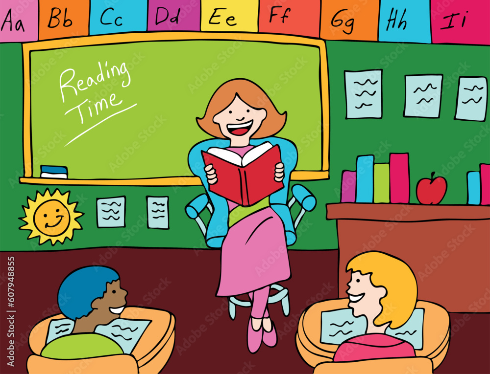 Poster female teacher gives a lecture to her elementary class on basic math in the classroom.