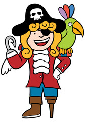 Cartoon image of a friendly pirate with parrot.