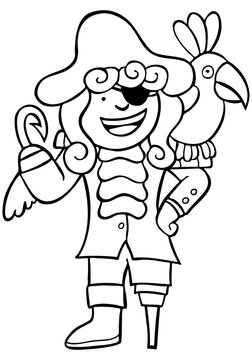 Cartoon image of a friendly pirate with parrot - black and white version.