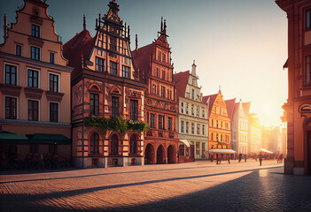 Fototapeta na wymiar Central market square in Wroclaw Poland with old colourful houses, street lantern lamp and walking tourists people at gorgeous stunning morning sunrise sunshine. Travel vacation concept. Generative AI