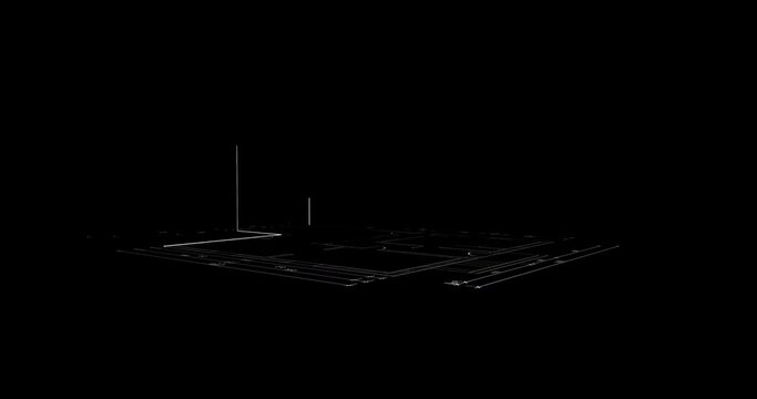 haus cad grundriss, 3d animierter aufbau, 360 grad turntable, konturen und outlines, architektur bauwerk