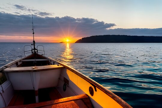 Gilded Mornings: Captivating Adobe Stock Photos of a Fishing Boat Bathed in Golden Sunrise Light