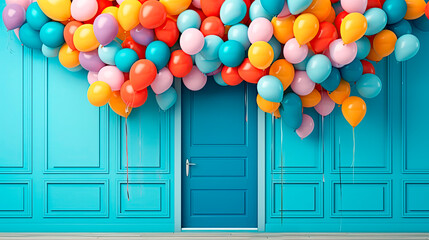 Exceptional multi-colored balloons hover above the door with a blue background. Generative AI