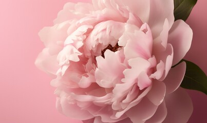  a large pink flower with green leaves on a pink background.  generative ai