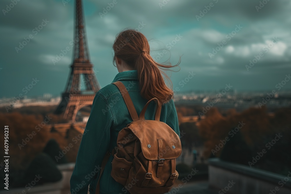 Poster a lady with a bag who is admiring the eiffel tower in the background generative ai
