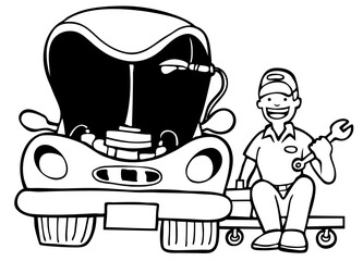 Repairman working on a vehicle with an open hood in a cartoon black and white style.