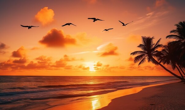  a flock of birds flying over the ocean at sunset with palm trees. generative ai © Anna