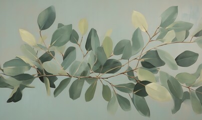  a painting of a branch with green leaves on a blue background.  generative ai