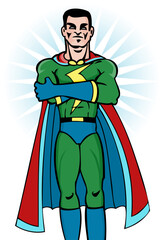 Cartoon image of superhero with cape.
