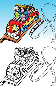 People scream at a theme park on a roller coaster - both color and black / white versions.