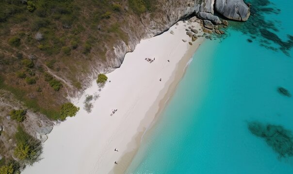  an aerial view of a sandy beach with a blue ocean.  generative ai