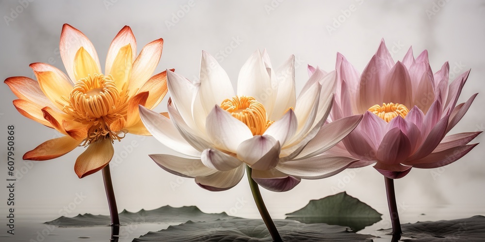 Poster an arrangement of three water lilies floating on the surface of a lake of water generative ai