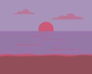 Fototapeta na wymiar Sunset. Illustration of a seascape with a moon river and the setting sun in the evening.Calm water and shore.Background image without people. Flat illustration