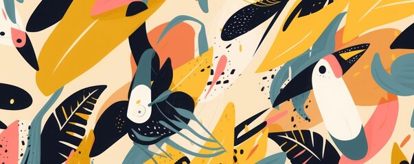 Modern abstract tropical pattern with toucan bird. Collage contemporary seamless pattern. Hand drawn cartoon style pattern, Generative AI
