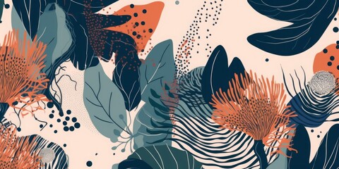 Modern abstract exotic floral pattern. Collage trendy seamless pattern. Hand drawn cartoon style illustration, Generative AI