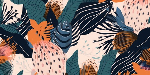 Fototapeta na wymiar Modern abstract exotic floral pattern. Collage trendy seamless pattern. Hand drawn cartoon style illustration, Generative AI