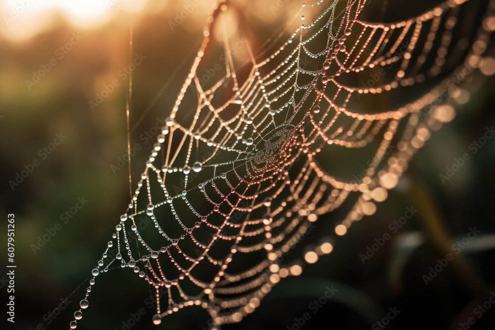 Wall mural spiderweb rain close up background. partial blur view lines spider web necklace. generative ai