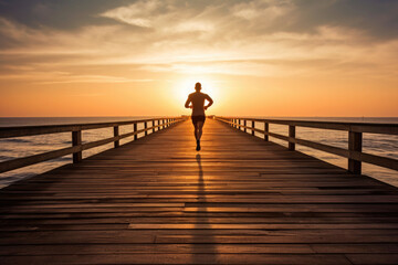 Fototapeta premium Man running on wooden boardwalk in sunrise seaside. Sports lifestyle. Generative AI