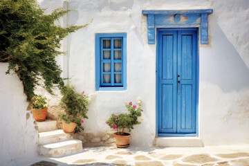 Obraz na płótnie Canvas Blue door on a whitewashed Greek house. Mediterranean style. Generative AI