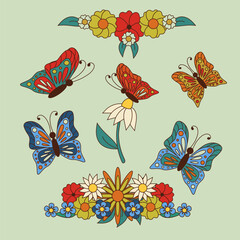Retro cartoon clipart with flowers and butterflies. Vector outline stylized illustration. Collection of isolated stickers. Perfect for decoration, greeting cards, postcards