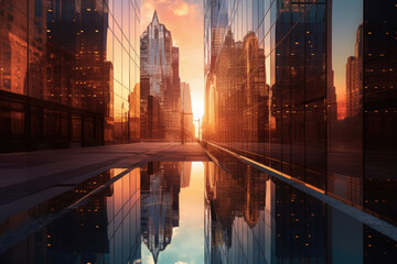 Naklejka na ściany i meble Metal and glass skyscrapers with reflection of sunrise. Urban jungle. Generative AI