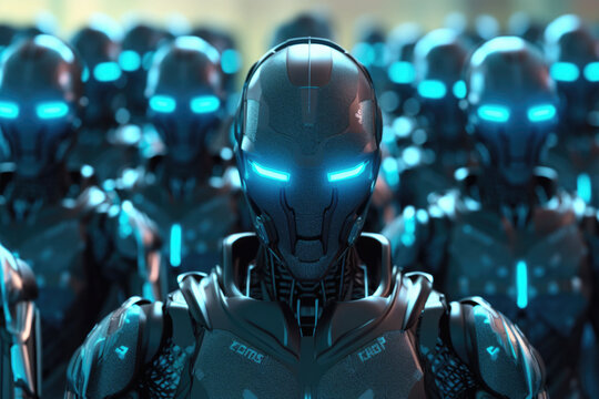 Humanoid robots army or group of cyborgs in factory. Generative AI