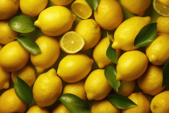 Yellow lemons close up background. Generative AI