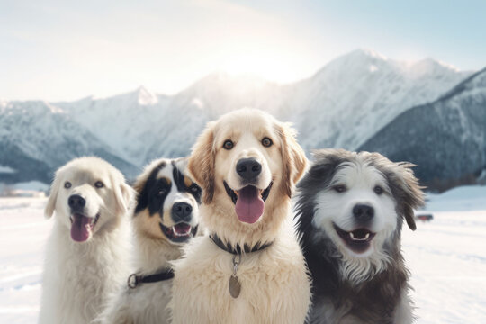 A group of dogs taking a selfie on a snowy blurred background. Generative AI