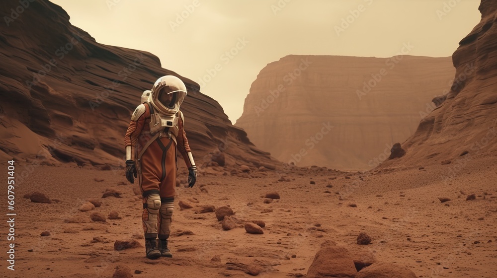 Poster a guy dressed in a space suit wandering about in the middle of a desert generative ai