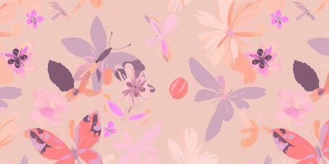 Fototapeta na wymiar Hand drawn cute pink artistic flowers and butterflies pattern. Modern cartoon style print. Fashionable template for design, Generative AI