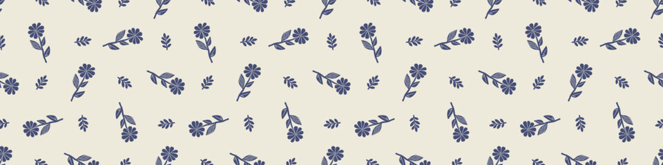 Quirky floral lino cut motif vector border. Seamless decoration of whimsical foliate design for modern banner. © Limolida Studio