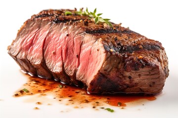 Isolated served delicious piece of medium grilled beef steak on white background