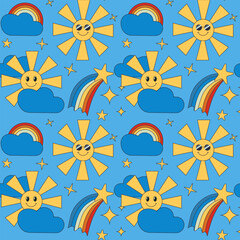 Cartoon retro childish seamless pattern with sun, cloud, rainbow and stars on blue background. Vector kids unique design. Perfect for kids textile, wallpaper, wrapping, background, interior decor.