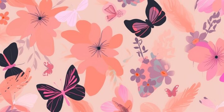 Hand drawn cute pink artistic flowers and butterflies pattern. Modern cartoon style print. Fashionable template for design, Generative AI