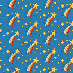 Fototapeta na wymiar Childish cartoon retro seamless pattern with stars and rainbow on blue background. Unique kids vector design. Ideal for kids textile, wallpaper, wrapping, background, interior decor.