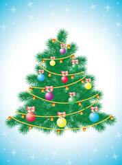 The vector illustration contains the image of christmas tree with gold balls