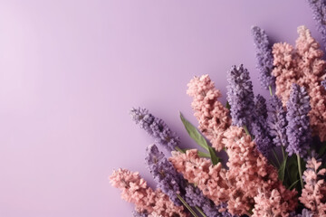 Top view of flat pastel purple background with fresh lavender flowers, copy space. Generative AI professional photo imitation.