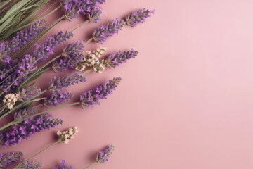 Top view of flat pastel pink background with lavender flowers, copy space. Generative AI professional photo imitation.