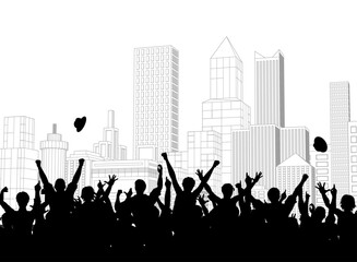 Editable vector silhouette of a crowd celebrating on a city street