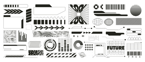 Abstract shapes in trendy y2k style. Geometric elements with futuristic shapes, frames and backgrounds for websites, flyers, posters, etc.