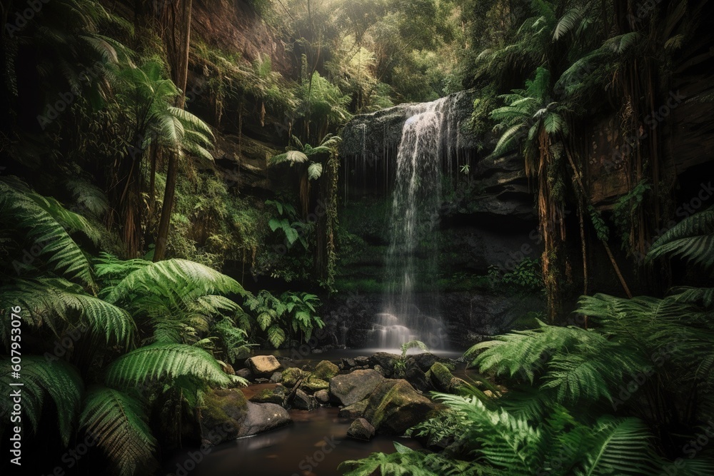 Poster an image of a waterfall that is encircled on all sides by verdant vegetation generative ai