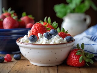 cottage cheese with fresh fruits like strawberries and blueberries on a wooden table
