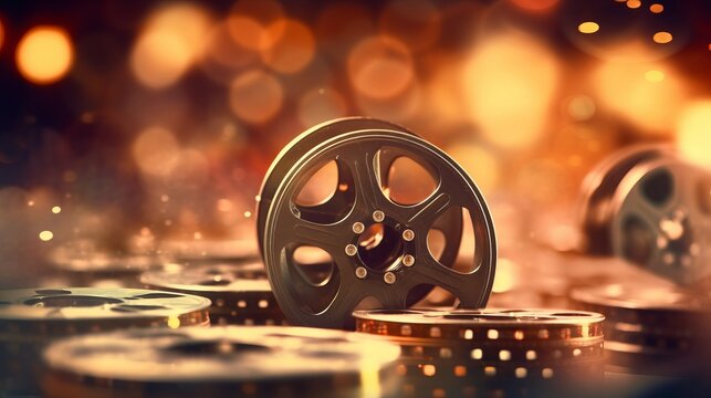 Old cinema film reels with bokeh background. Generative AI